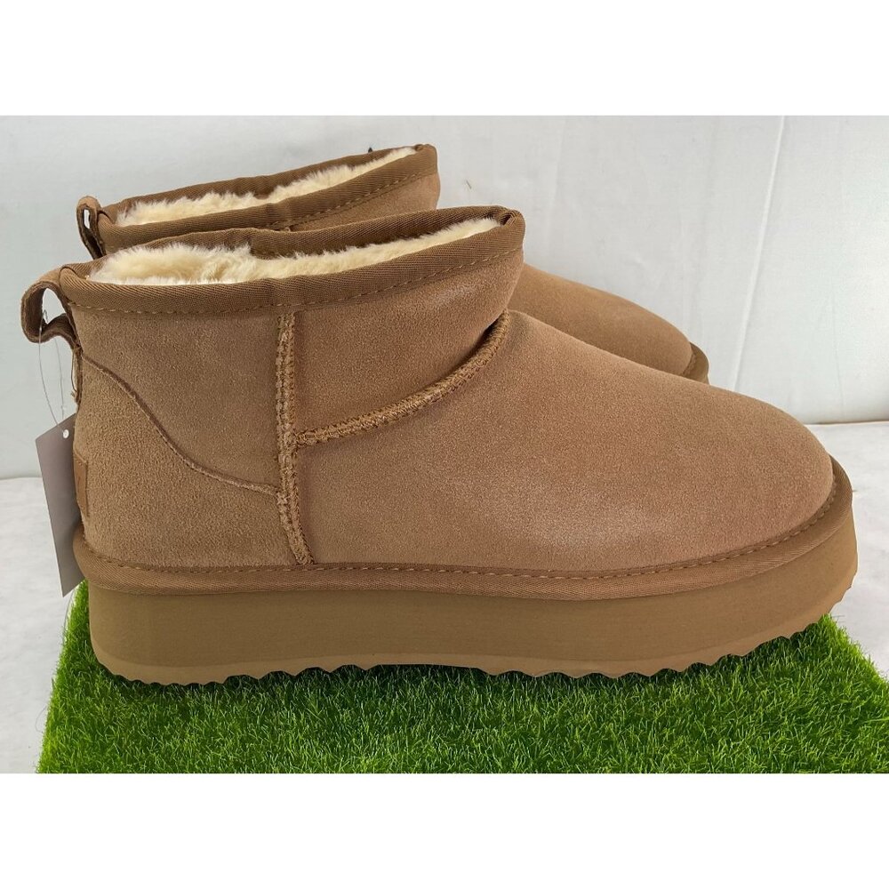 Hzstay Womens Tan Suede Faux Fur Lined Ankle Boots Size